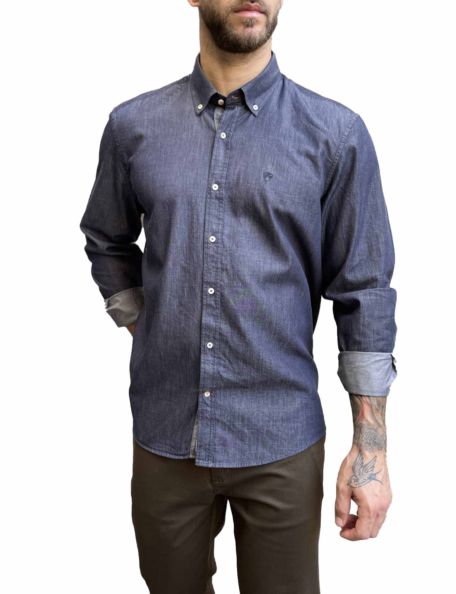 Ανδρικό μπλε με όψη denim βαμβακερό πουκάμισο με γιακά 2077B φωτογραφία